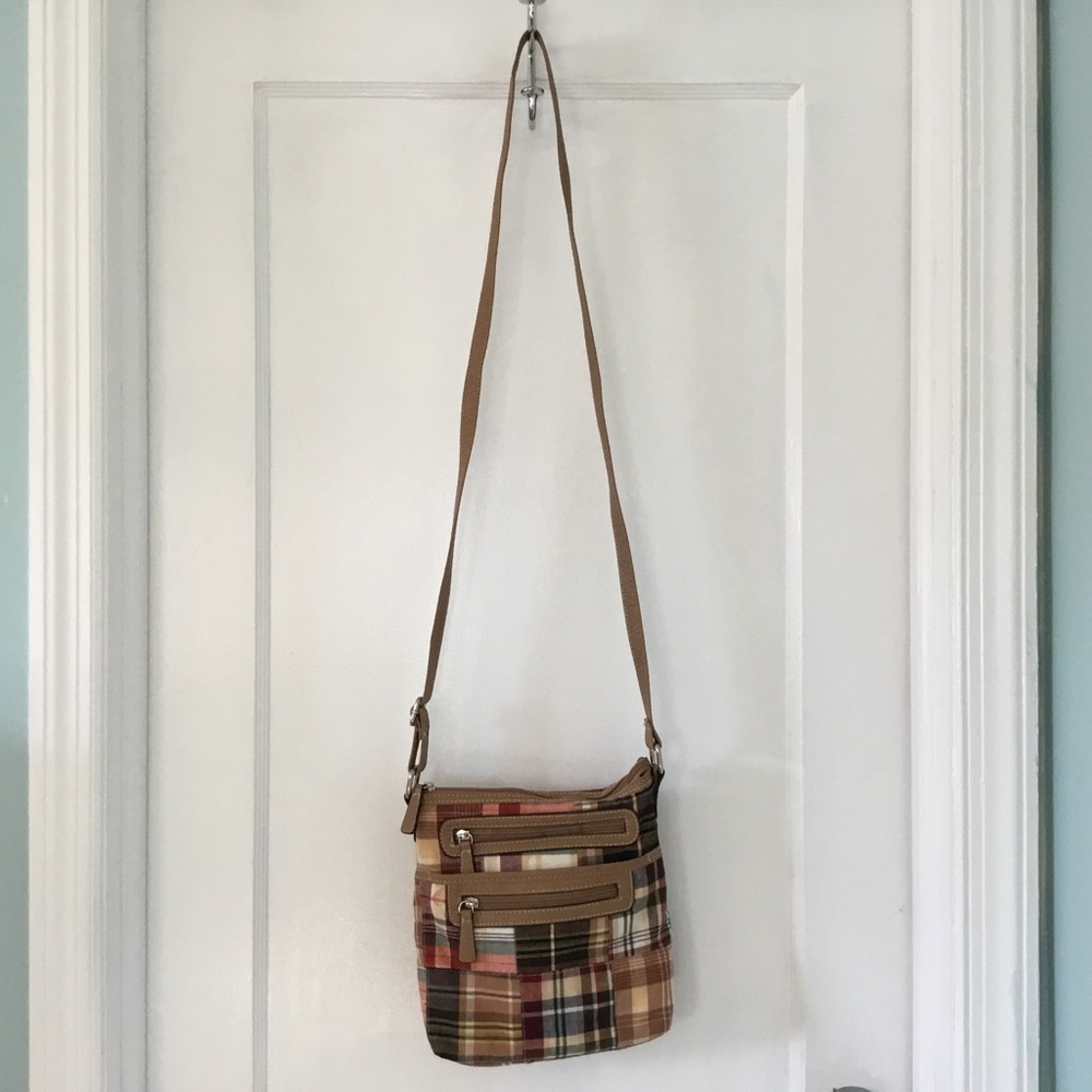 Colorful patchwork plaid crossbody shoulder bag, tan strap, lots of pockets
